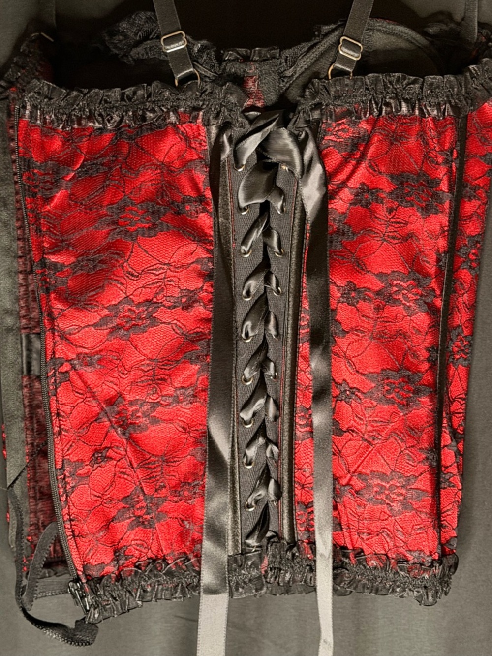 Elegant Black Lace Trim RedBustier Corset Top w/matching thong-Women Intimates - Picture 10 of 12
